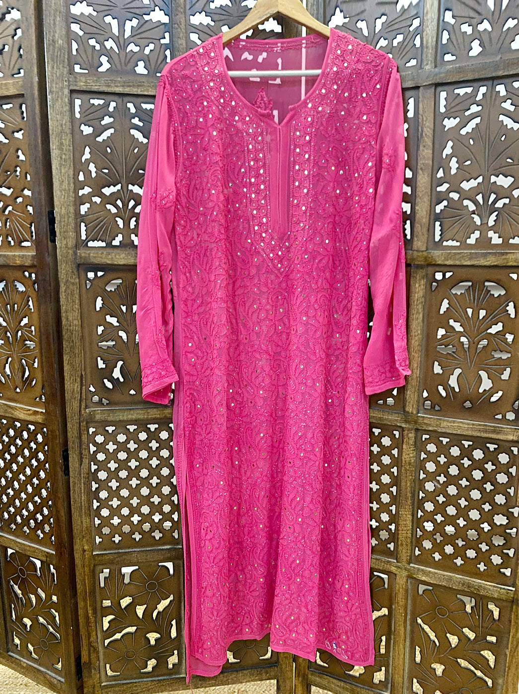 Pink Mukaish Viscose Chikankari Straight Kurti