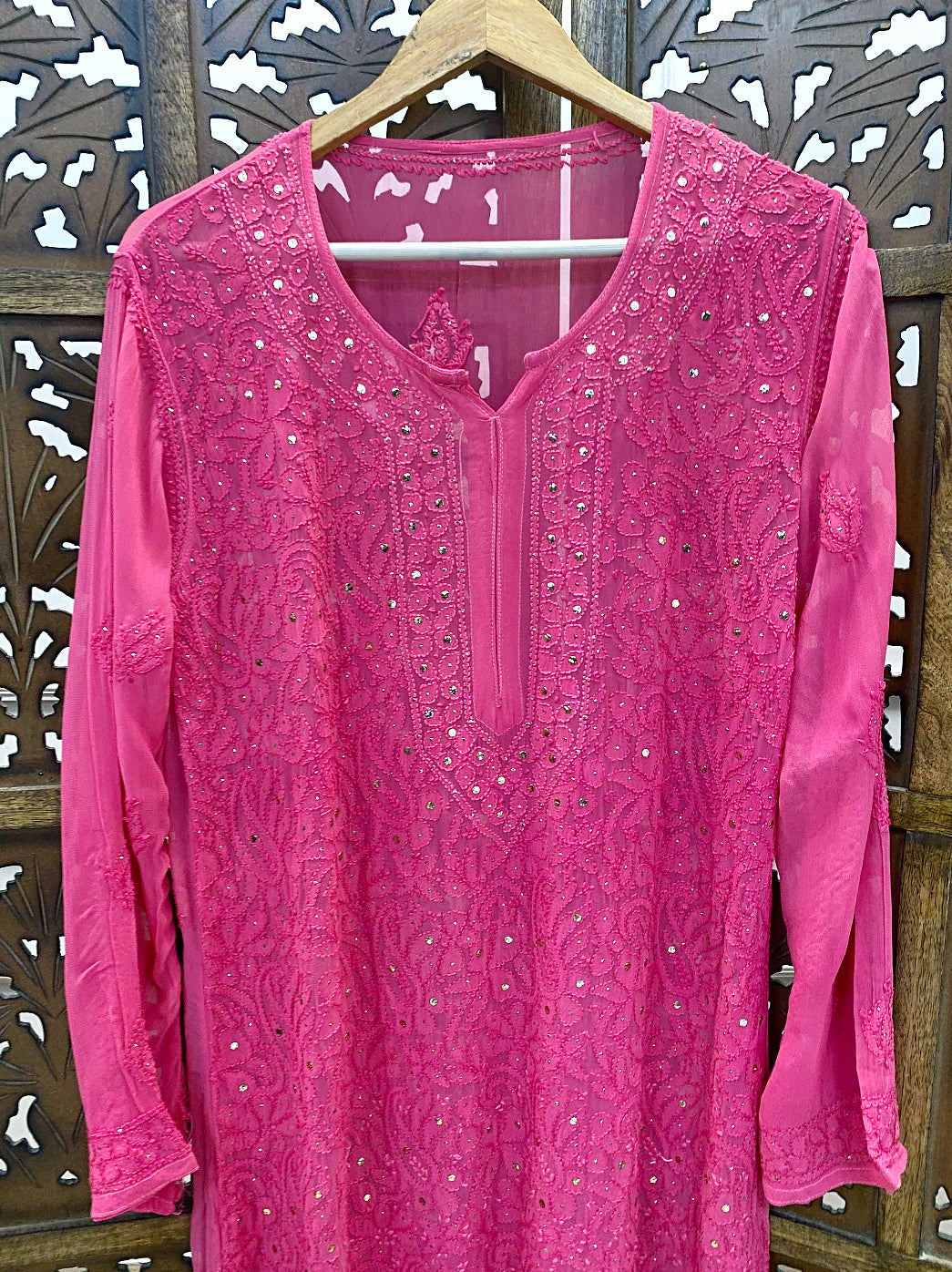 Pink Mukaish Viscose Chikankari Straight Kurti