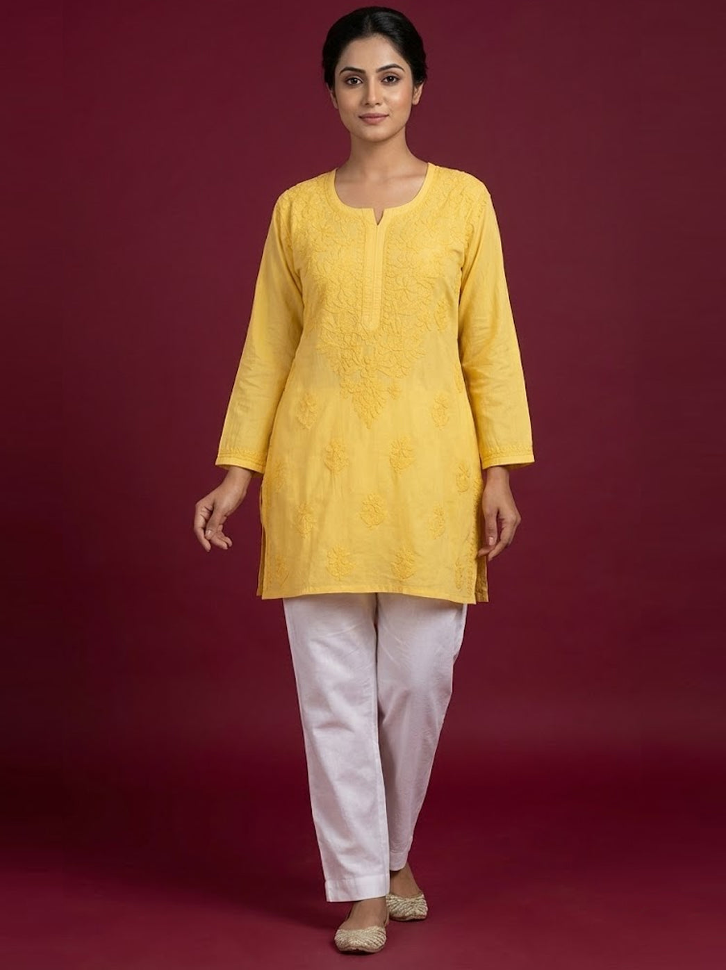 Yellow Cotton Chikankari Short Kurta