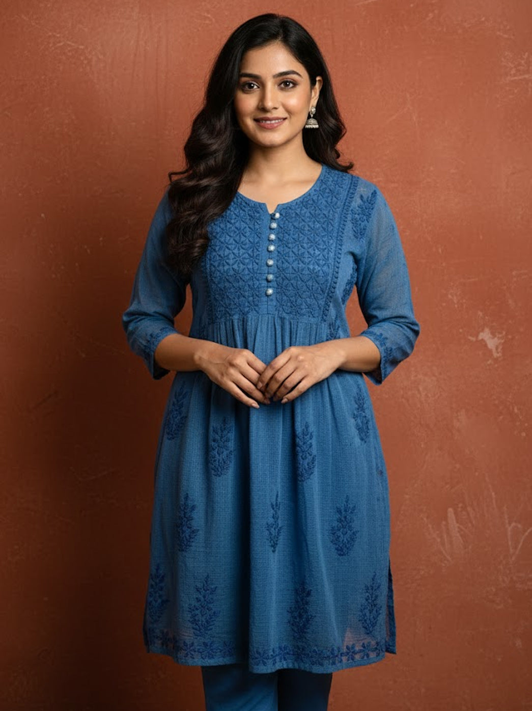 Blue Kota Cotton Chikankari Short Top