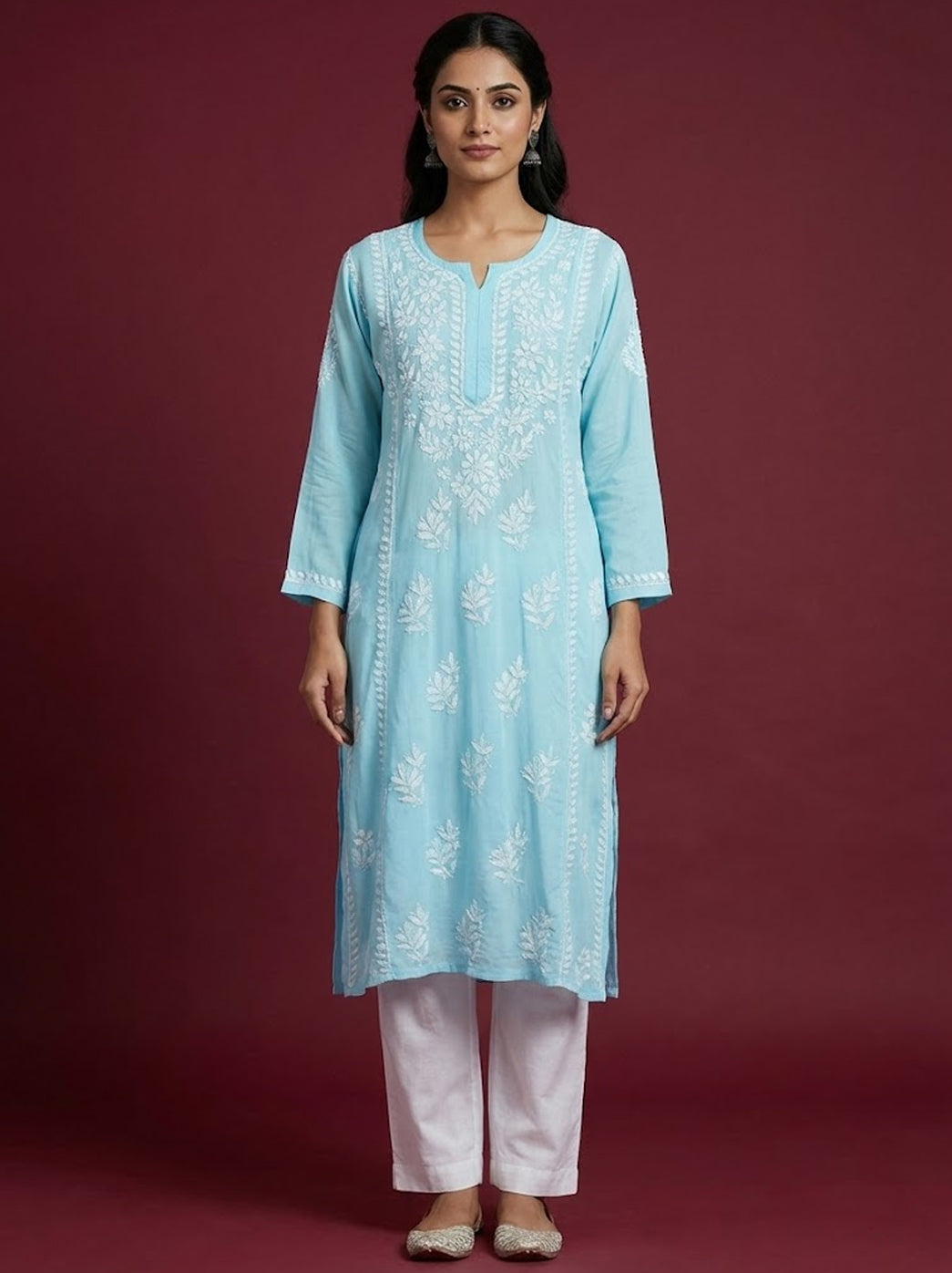 Sky Blue Rayon Chikankari Straight Kurti