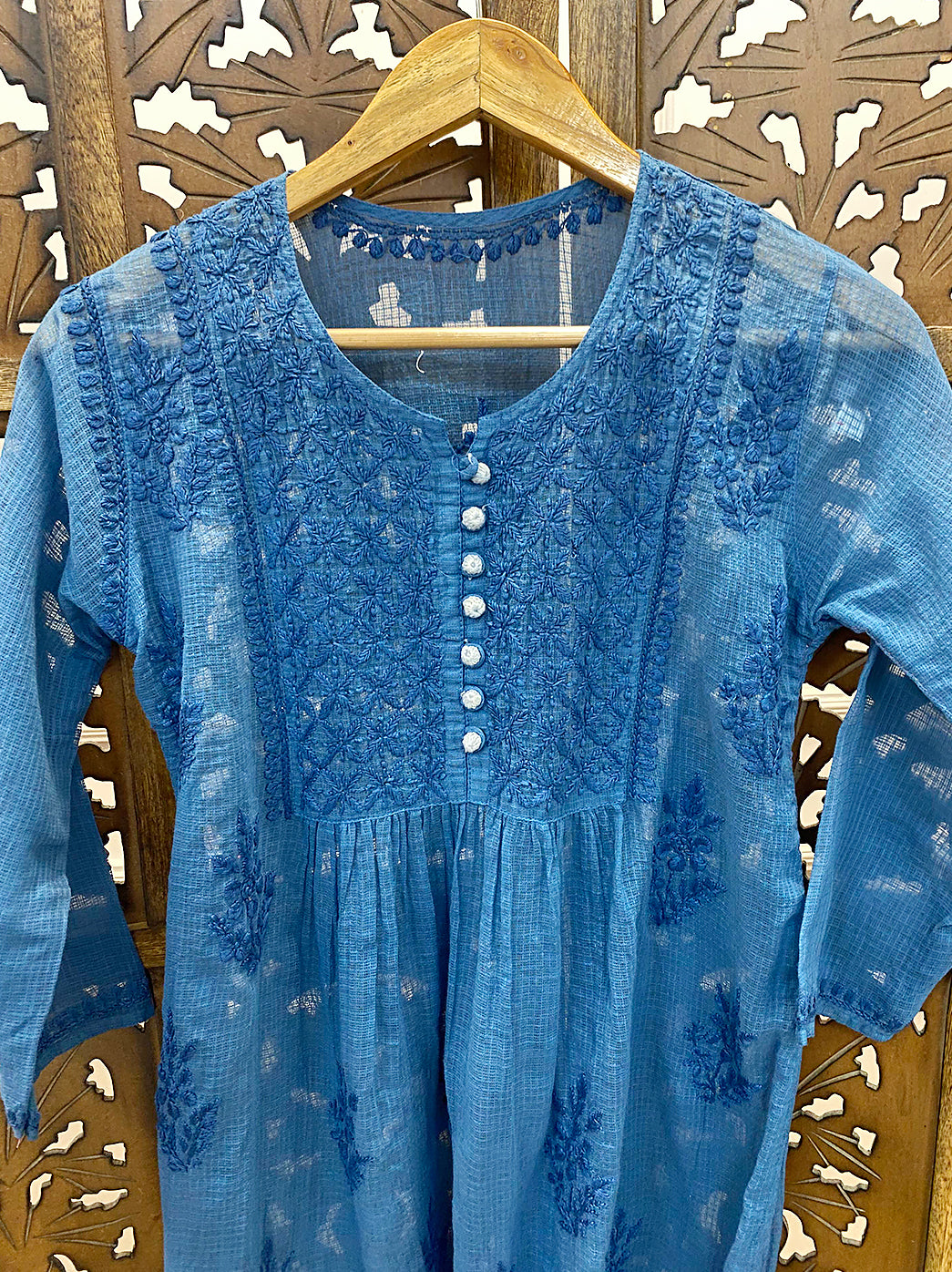 Blue Kota Cotton Chikankari Short Top