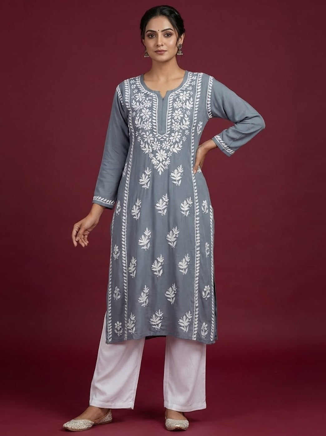 Grey Rayon Chikankari Straight Kurti