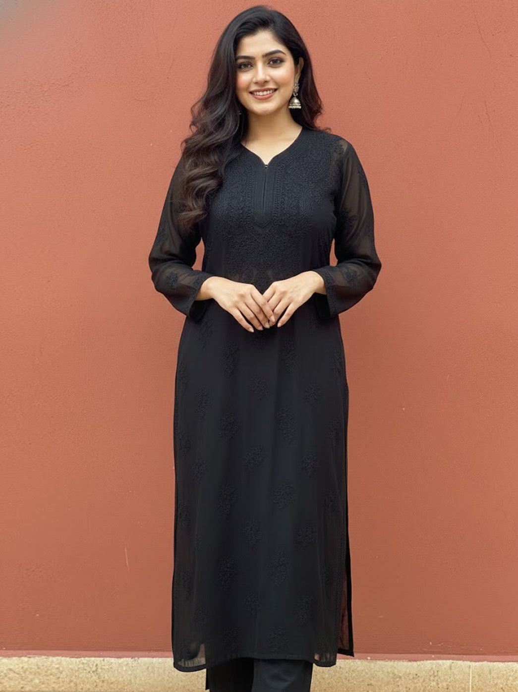 Black Viscose Chikankari Straight Kurti