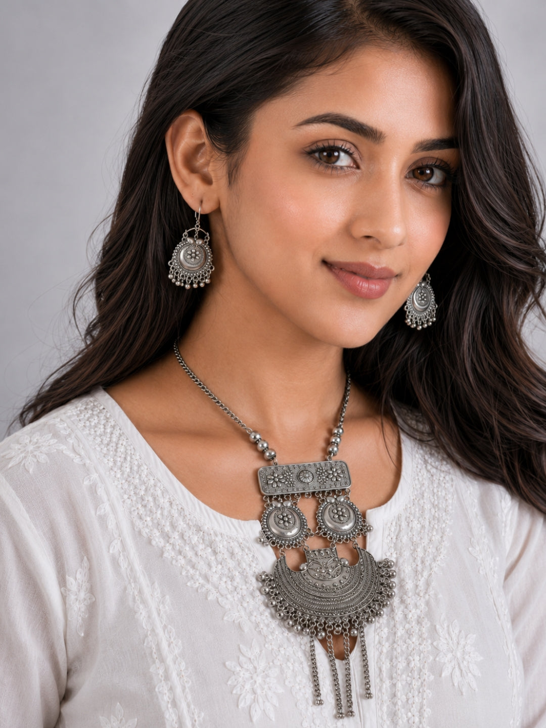 Banjara Oxidised Silver-Tone Statement Necklace & Earrings Set