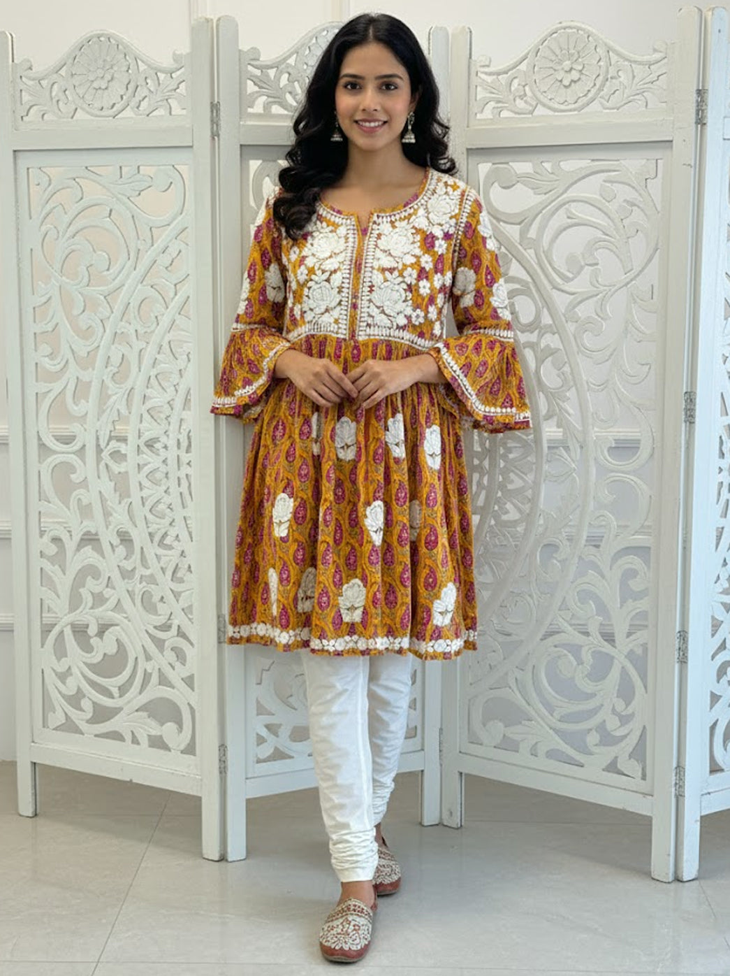 Yellow Aamira Mulmul Printed Chikankari Peplum Top