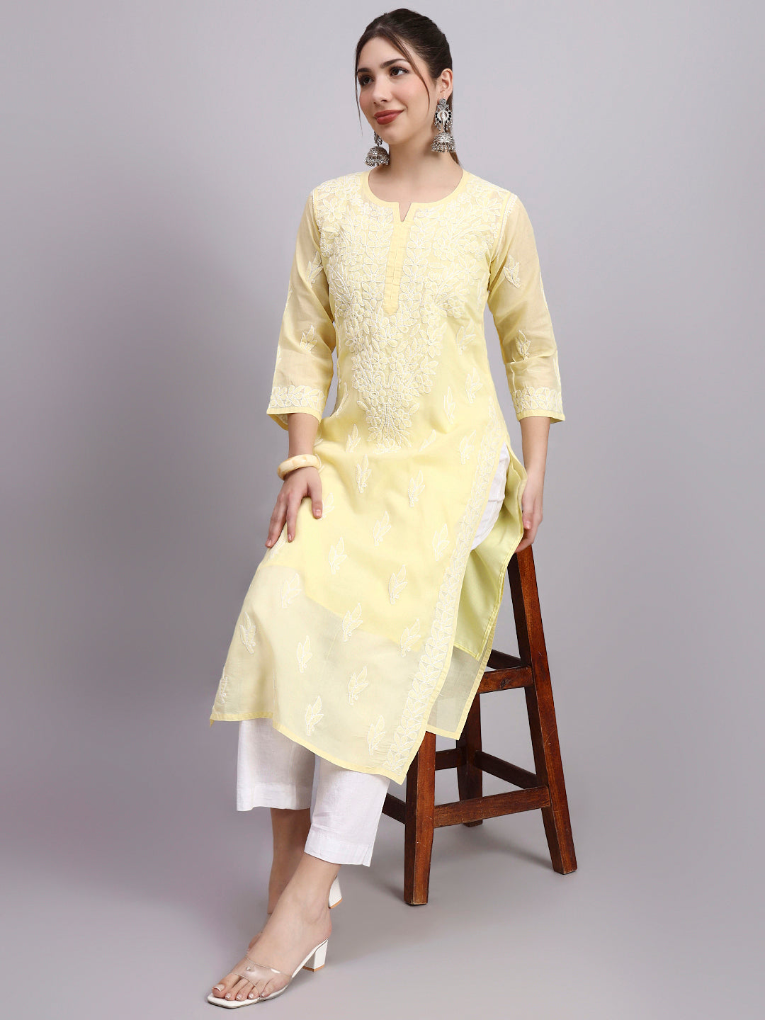 Comfortable regular wear kurti with traditional Chikankari embroidery and modern straight fit styling for women