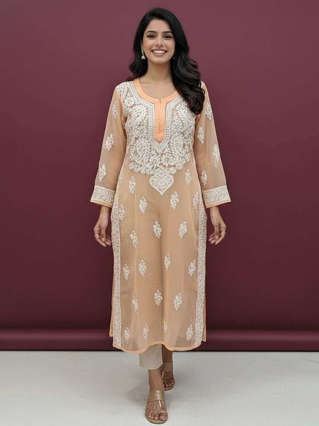 Beige Georgette Chikankari Straight Kurti