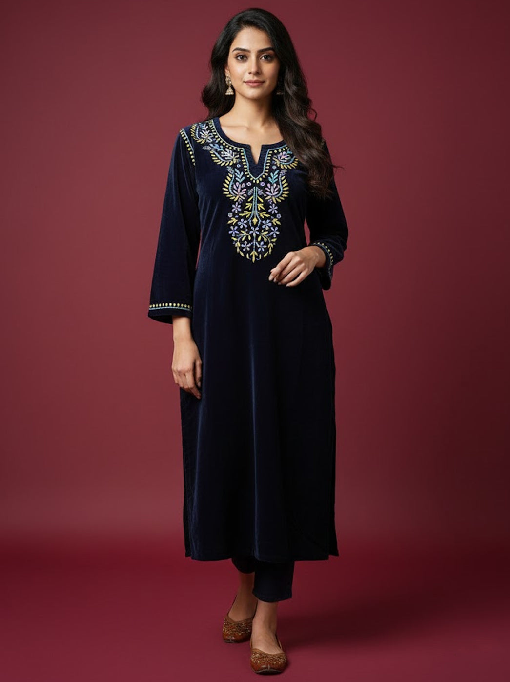 Zehra Velvet Chikankari Straight Kurti - Blue
