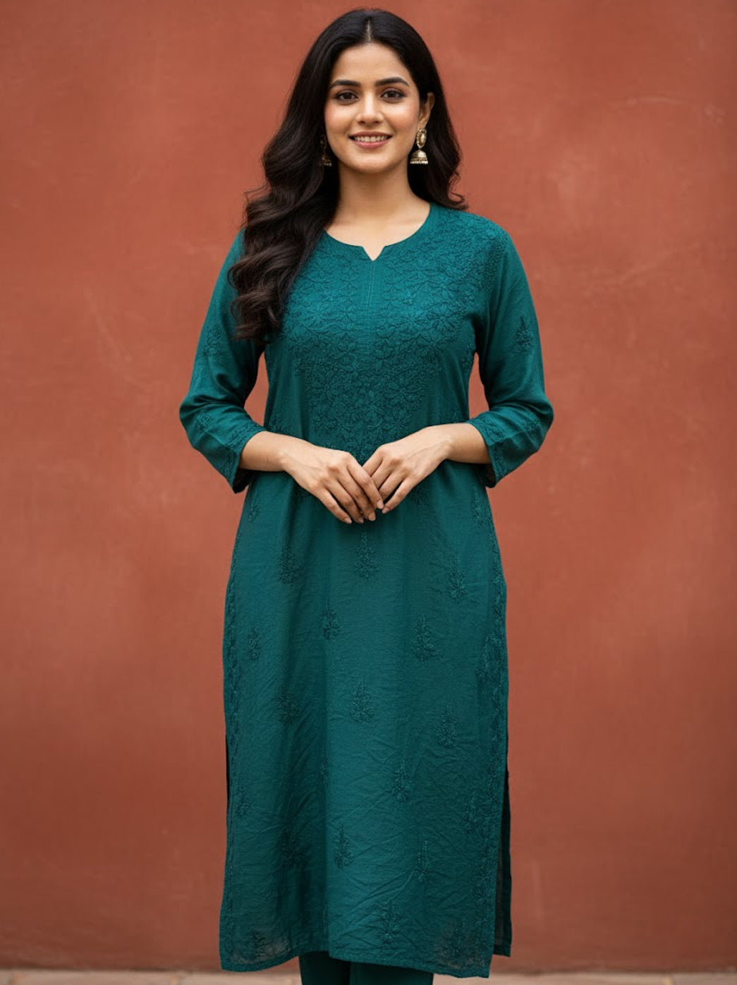 Teal Green Chanderi Chikankari Straight Kurti