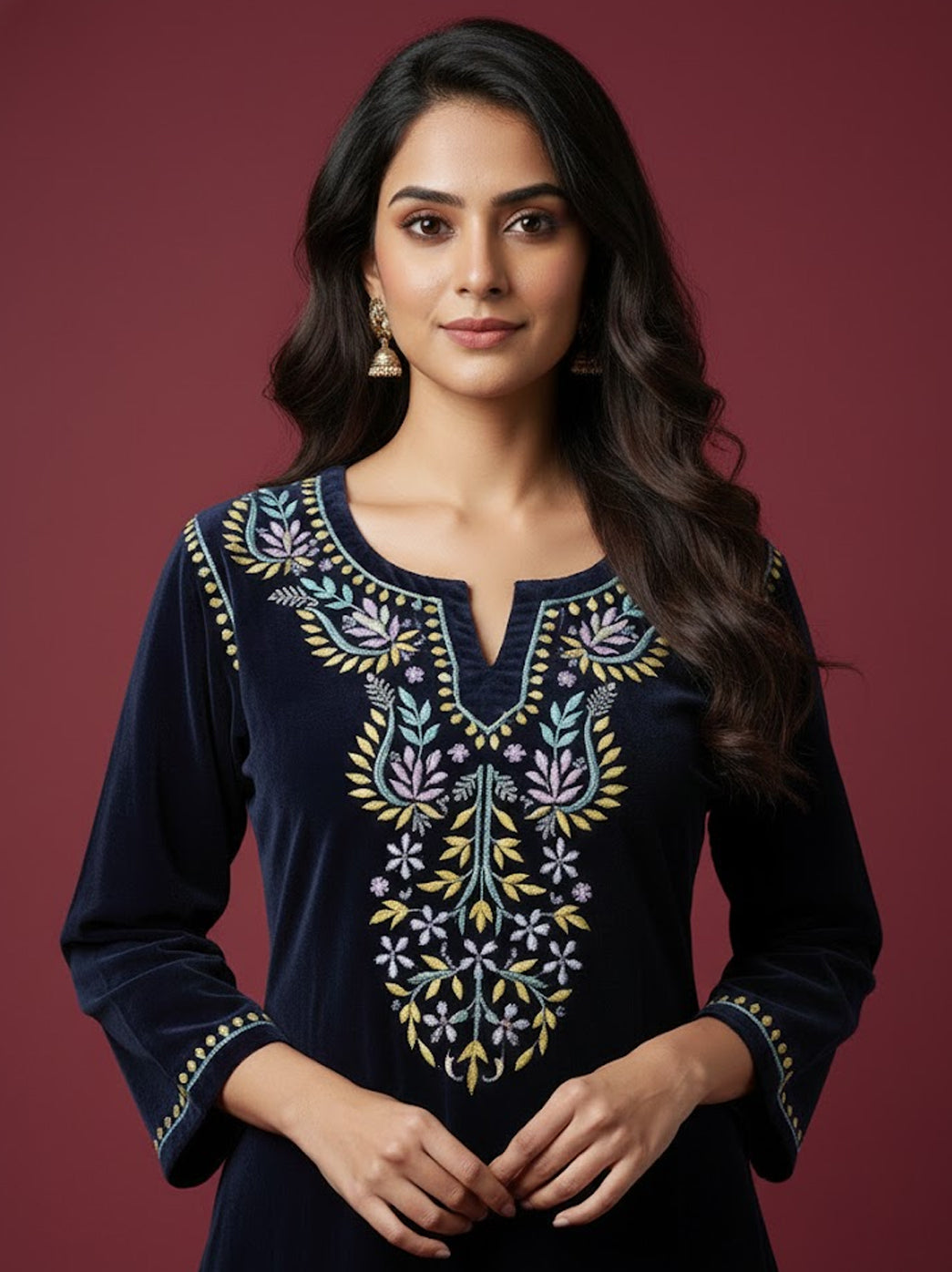 Zehra Velvet Chikankari Straight Kurti - Blue