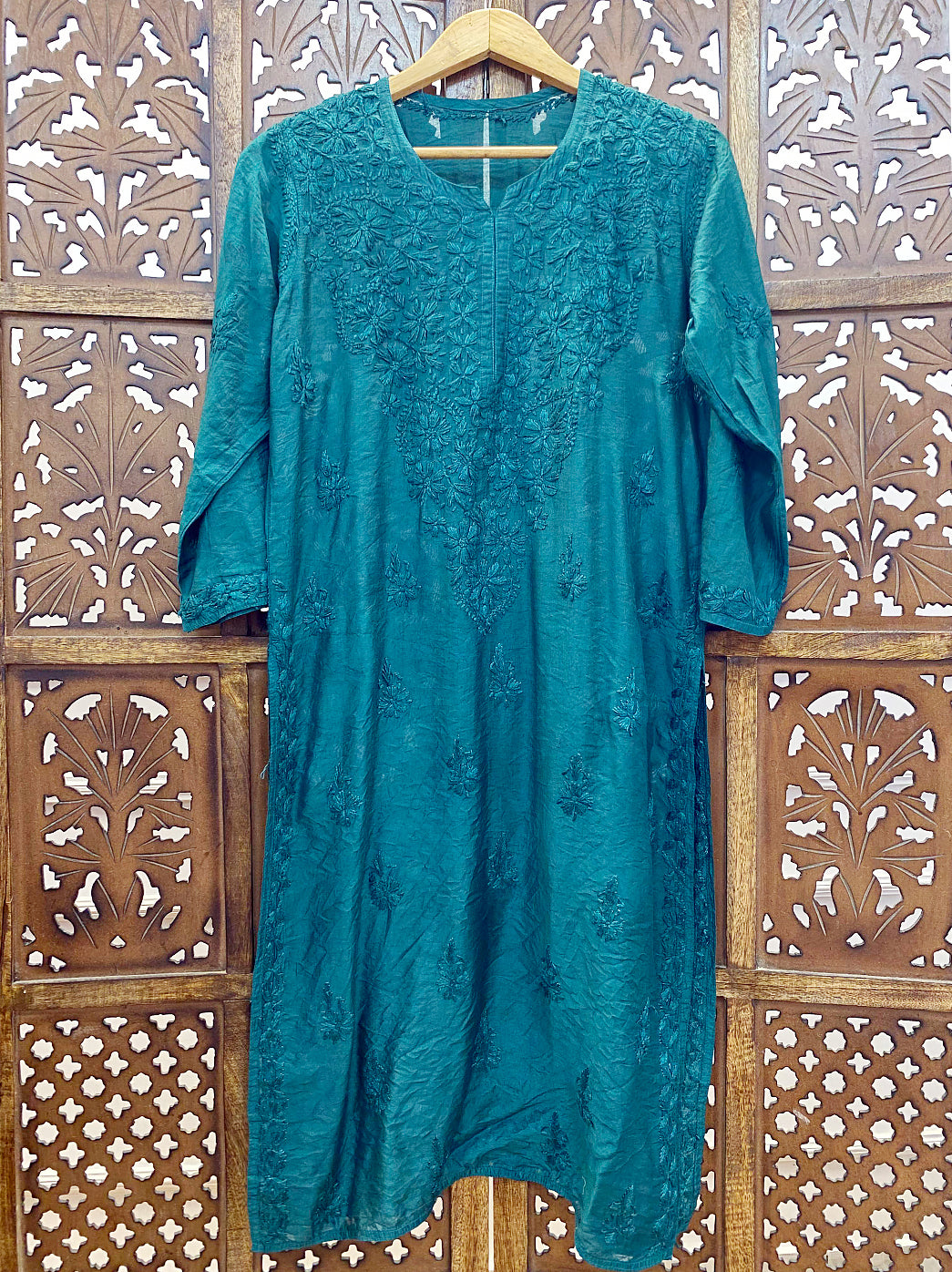 Teal Green Chanderi Chikankari Straight Kurti