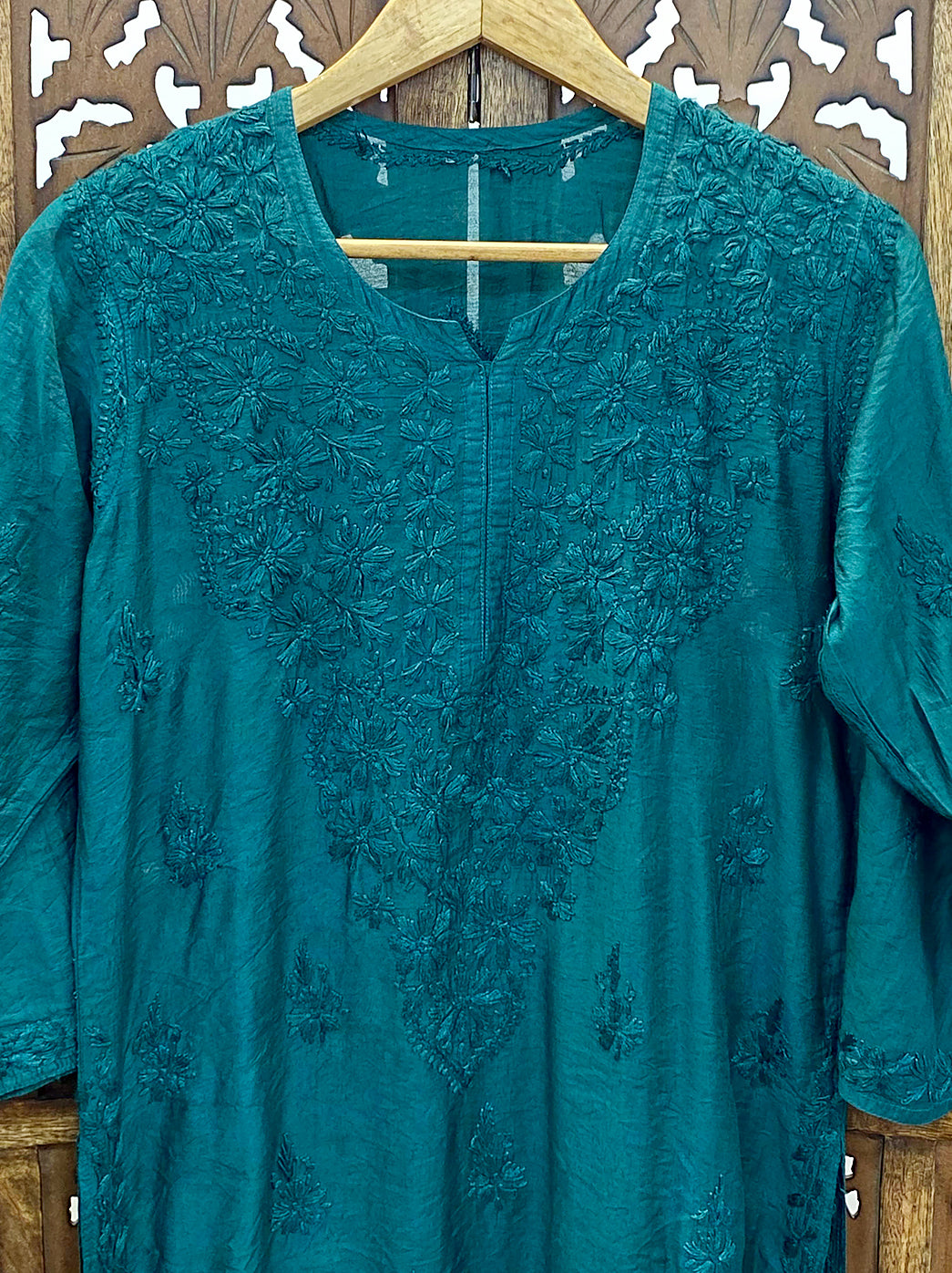 Teal Green Chanderi Chikankari Straight Kurti