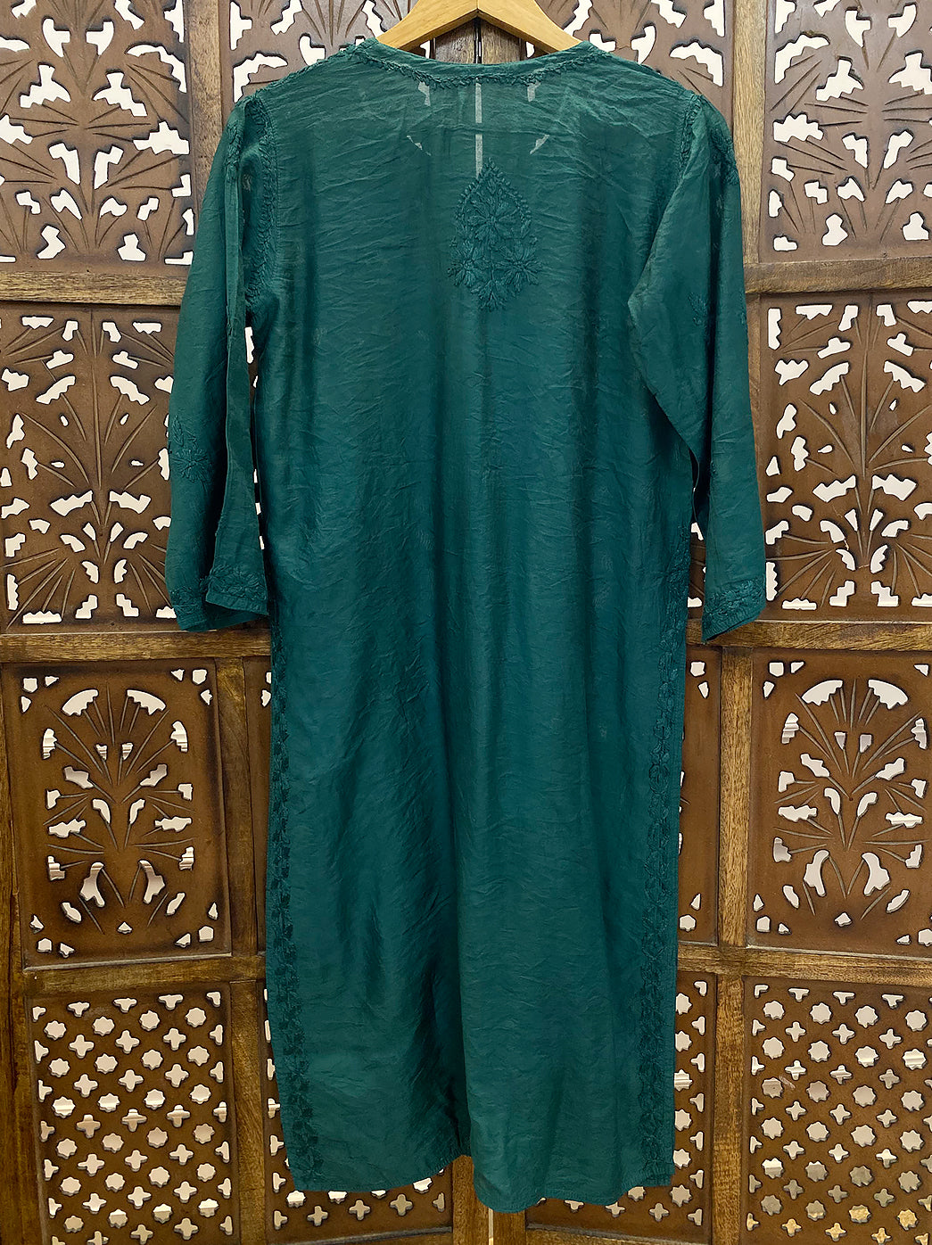 Teal Green Chanderi Chikankari Straight Kurti