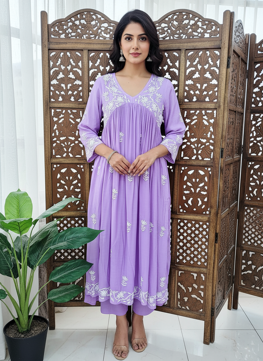 Lavender Muslin Chikankari A-Line Kurti