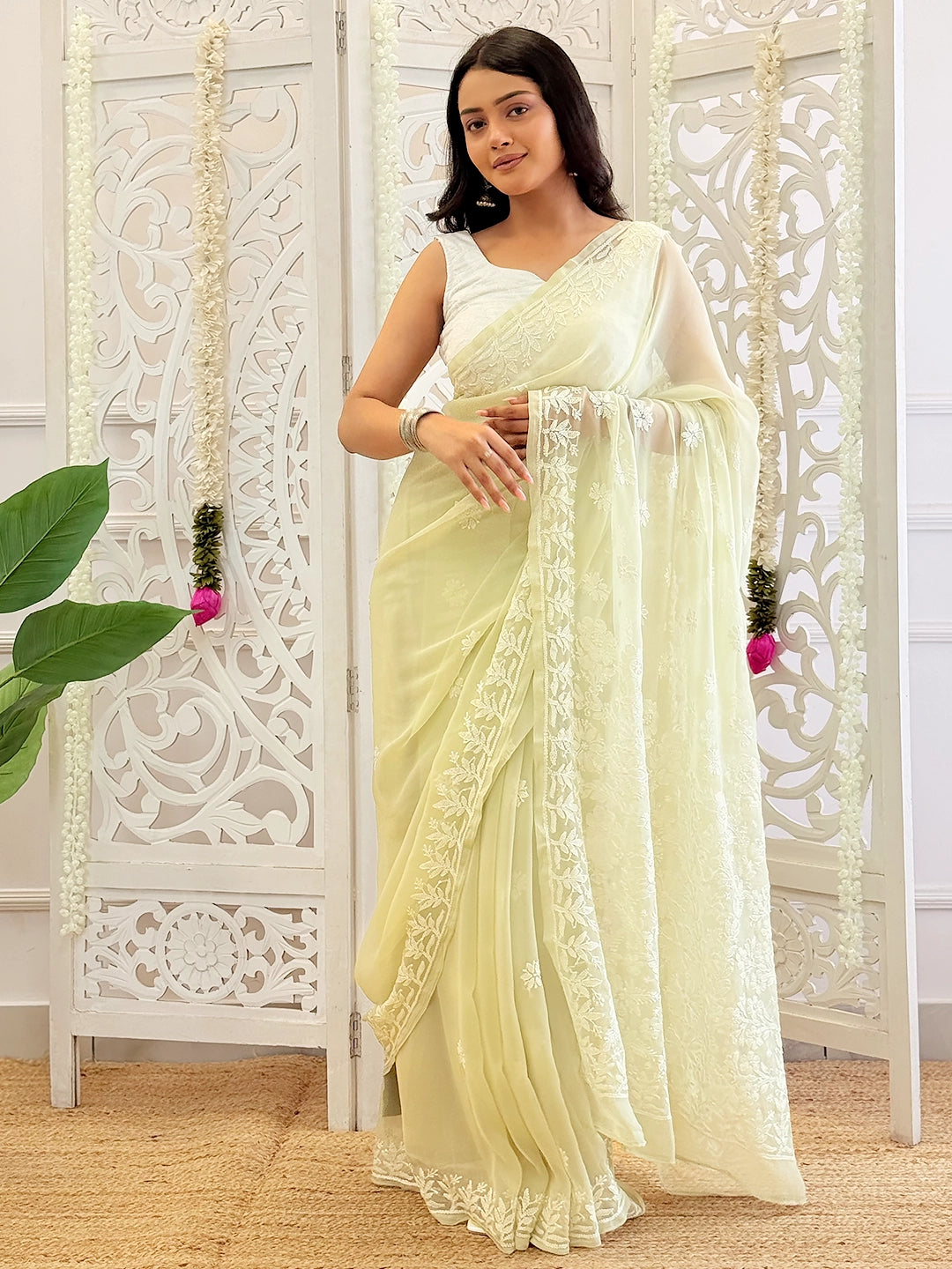 Aneet Georgette Embroidered Chikankari Saree - Green