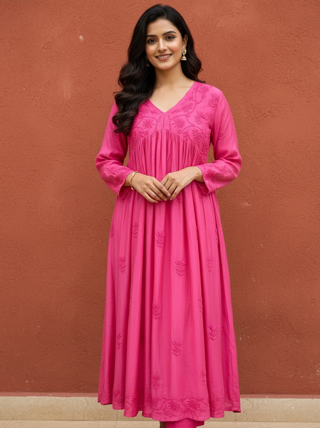 Pink Muslin Chikankari A-Line Kurti
