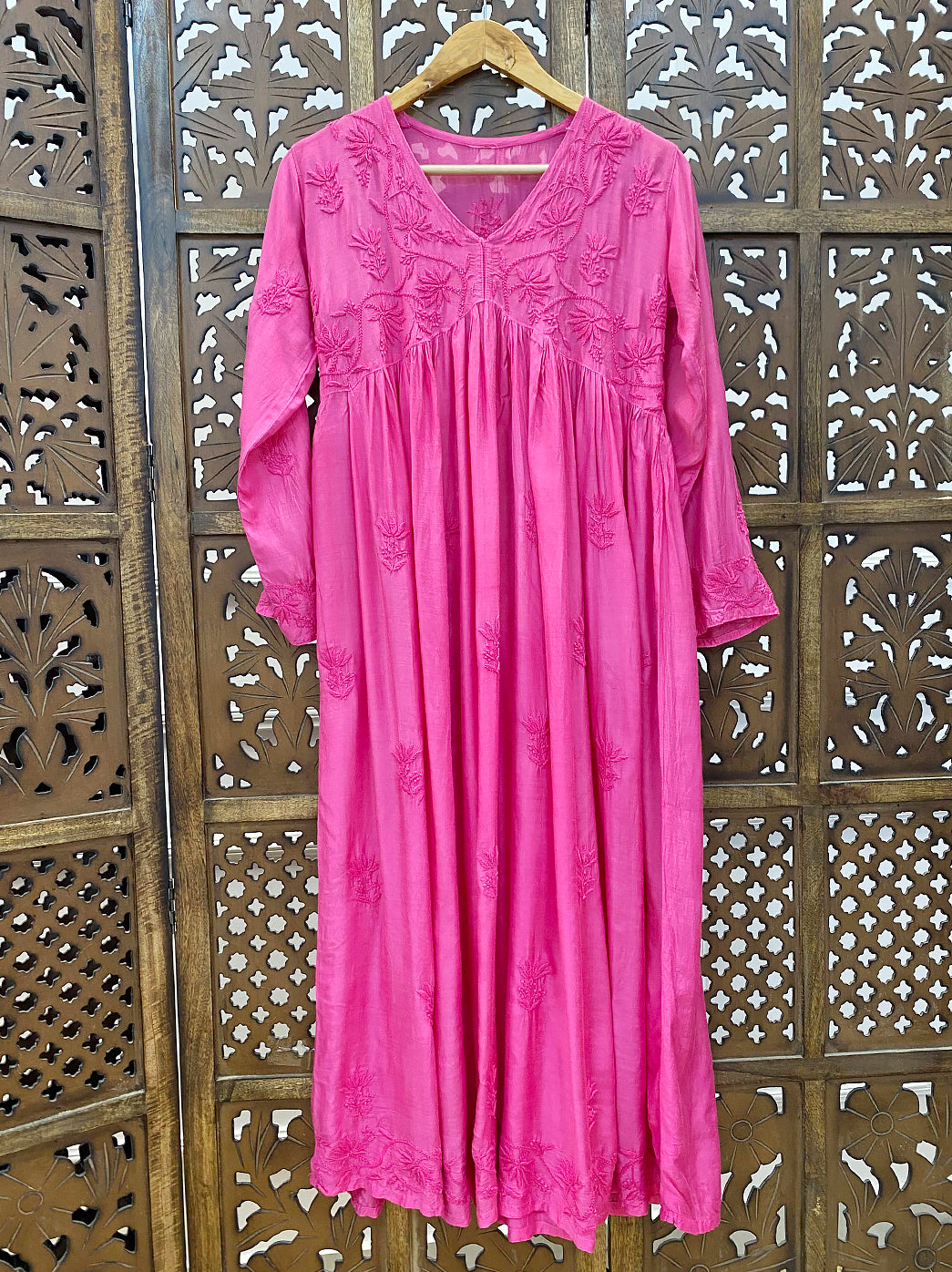 Pink Muslin Chikankari A-Line Kurti