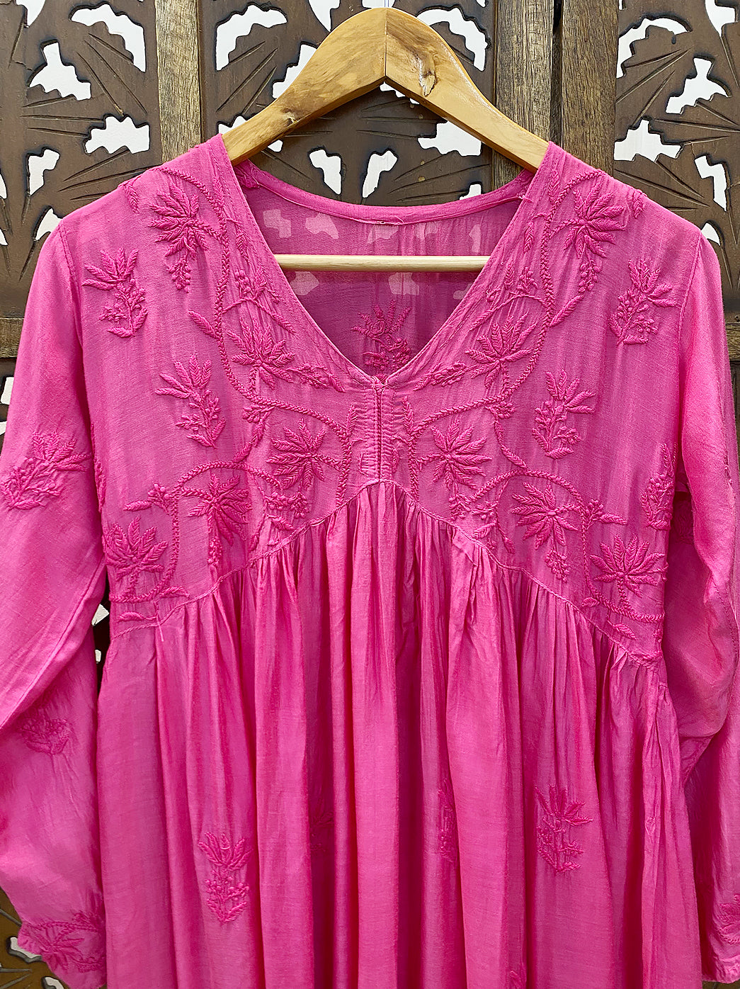 Pink Muslin Chikankari A-Line Kurti