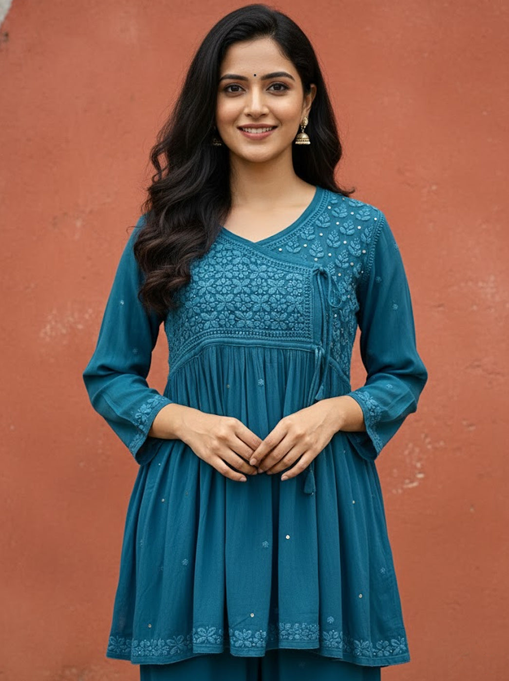Blue Viscose Chikankari Short Top