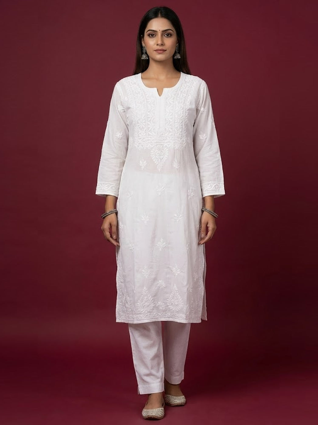 White Cotton Chikankari Straight Kurti