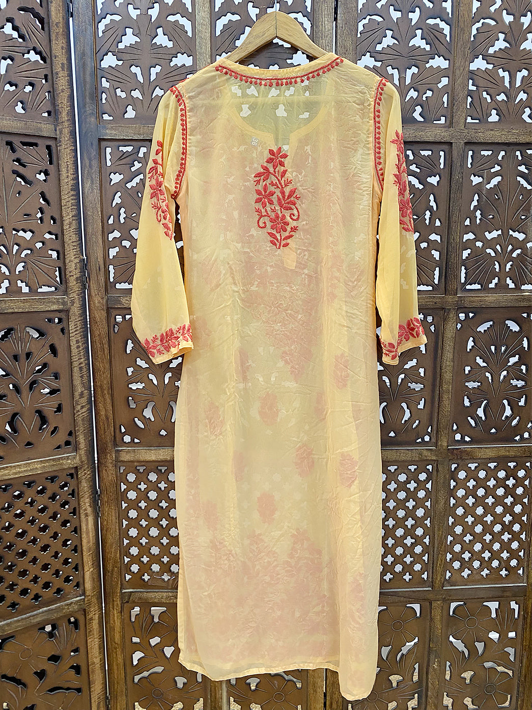Yellow Georgette Chikankari Straight Kurti