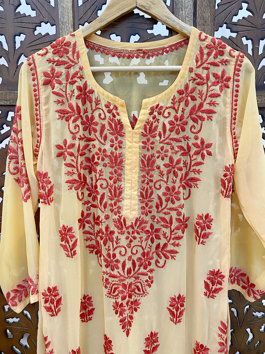 Yellow Georgette Chikankari Straight Kurti