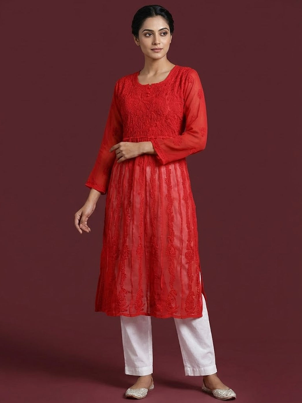 Red Georgette Chikankari Anarkali Kurti