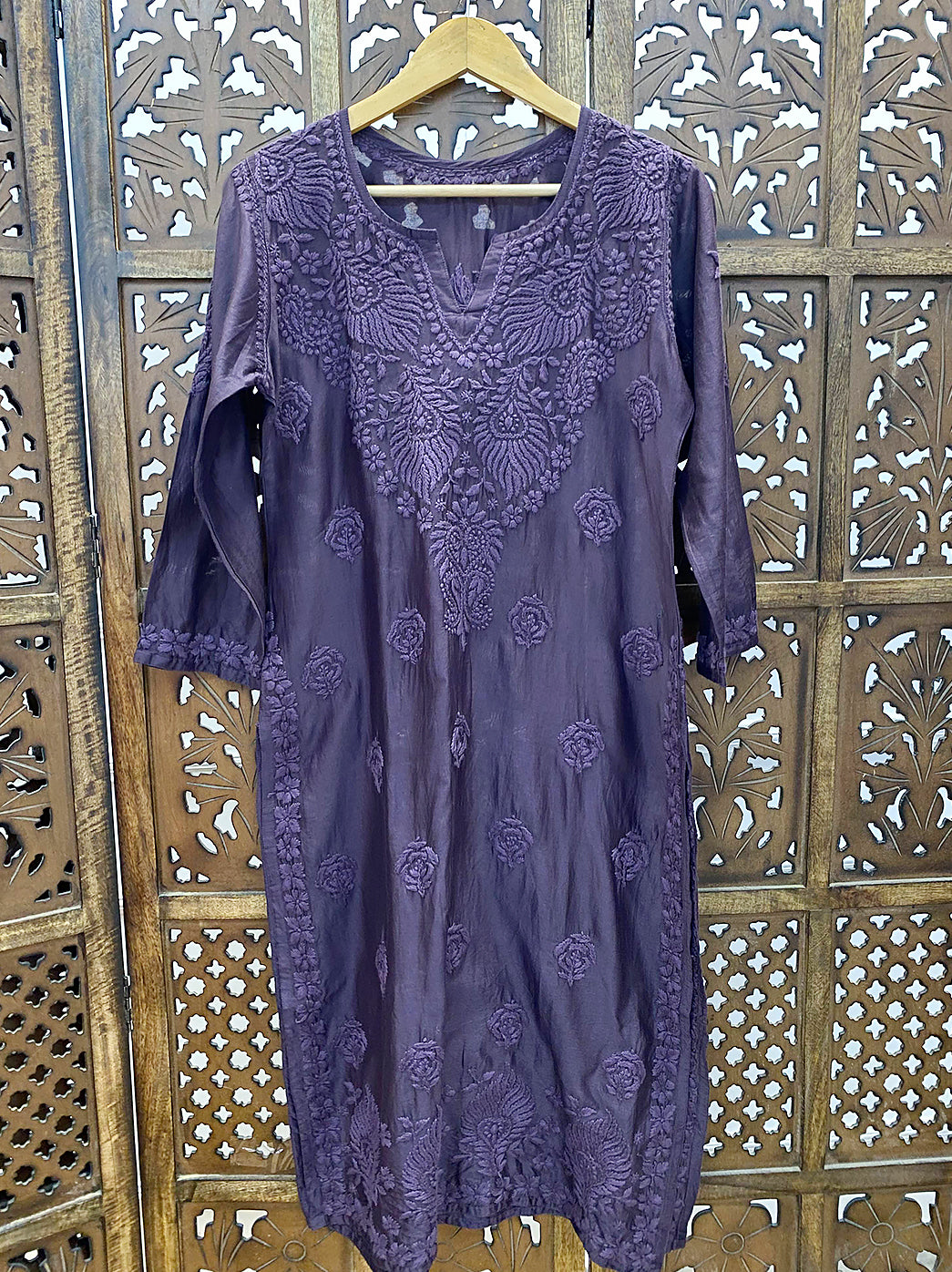 Mauve Chanderi Chikankari Straight Kurti