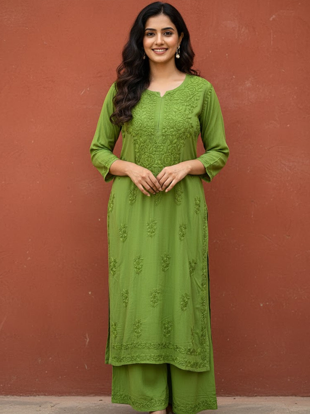 Amaaya Modal Chikankari Kurta Palazzo Set - Green