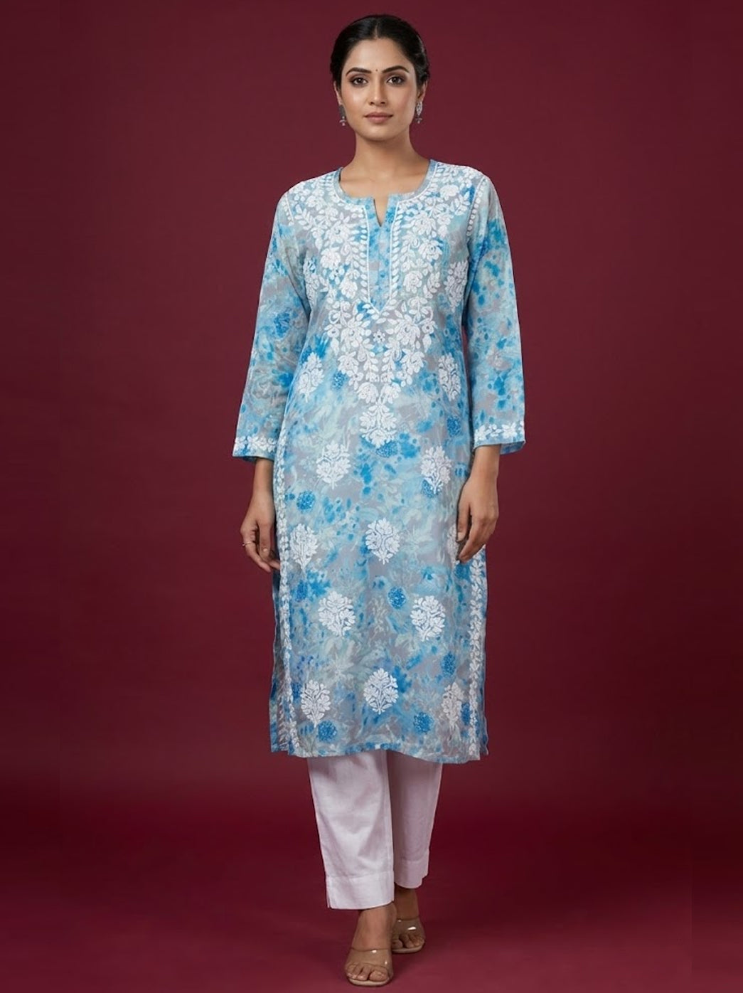 Blue Mulmul Printed Chikankari Straight Kurti