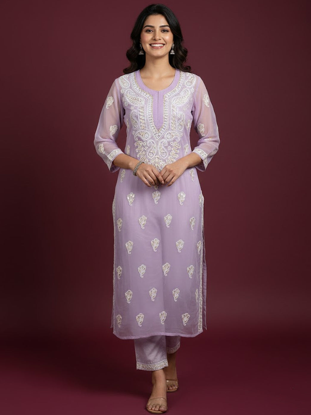 Lavender Georgette Chikankari Straight Kurti
