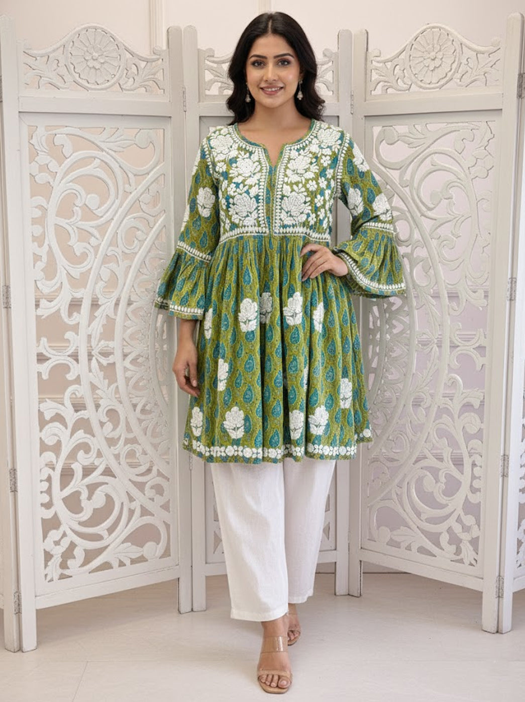 Pista Green Aamira Mulmul Printed Chikankari Peplum Top