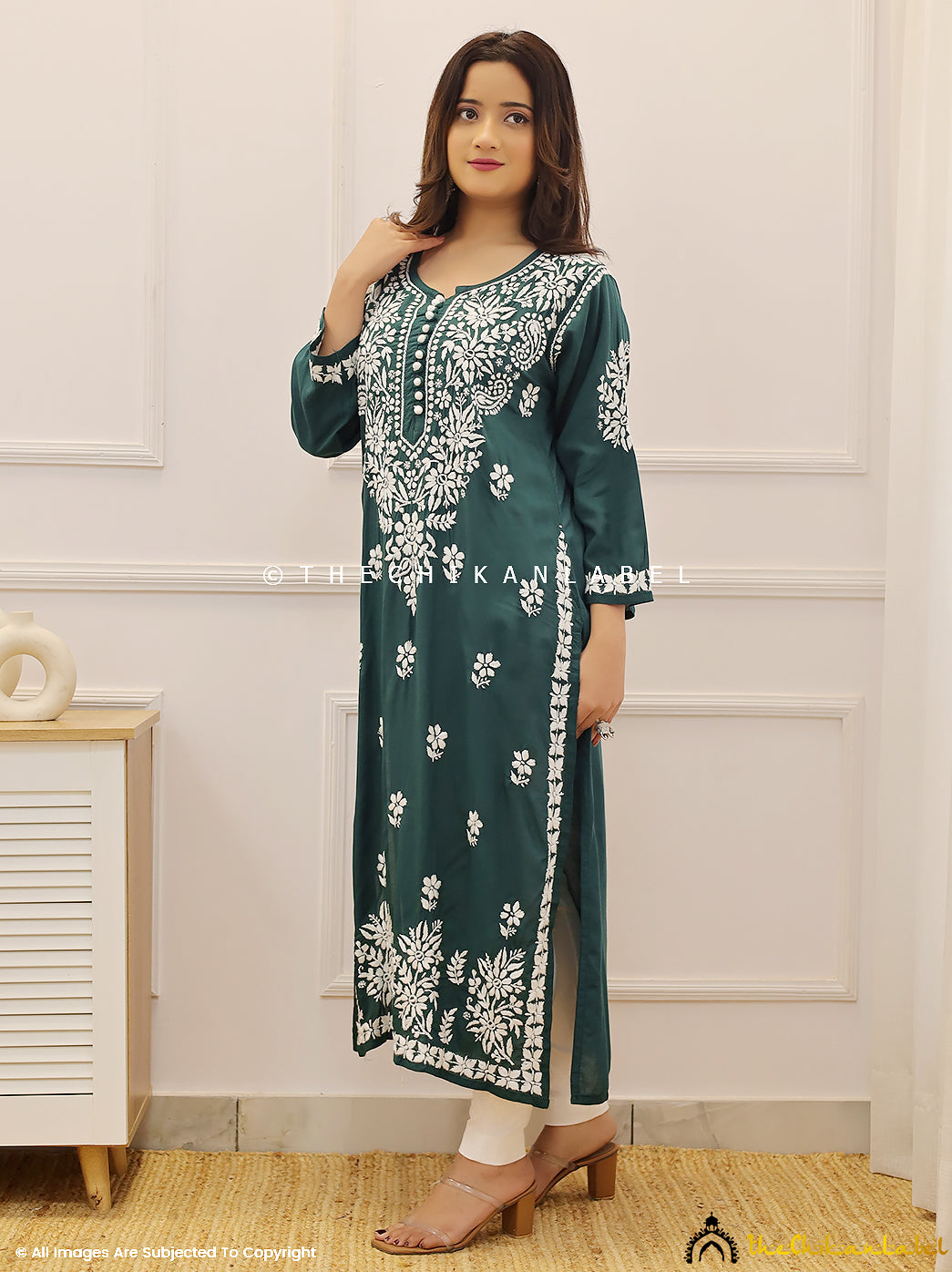 Green Modal Chikankari Straight Kurti