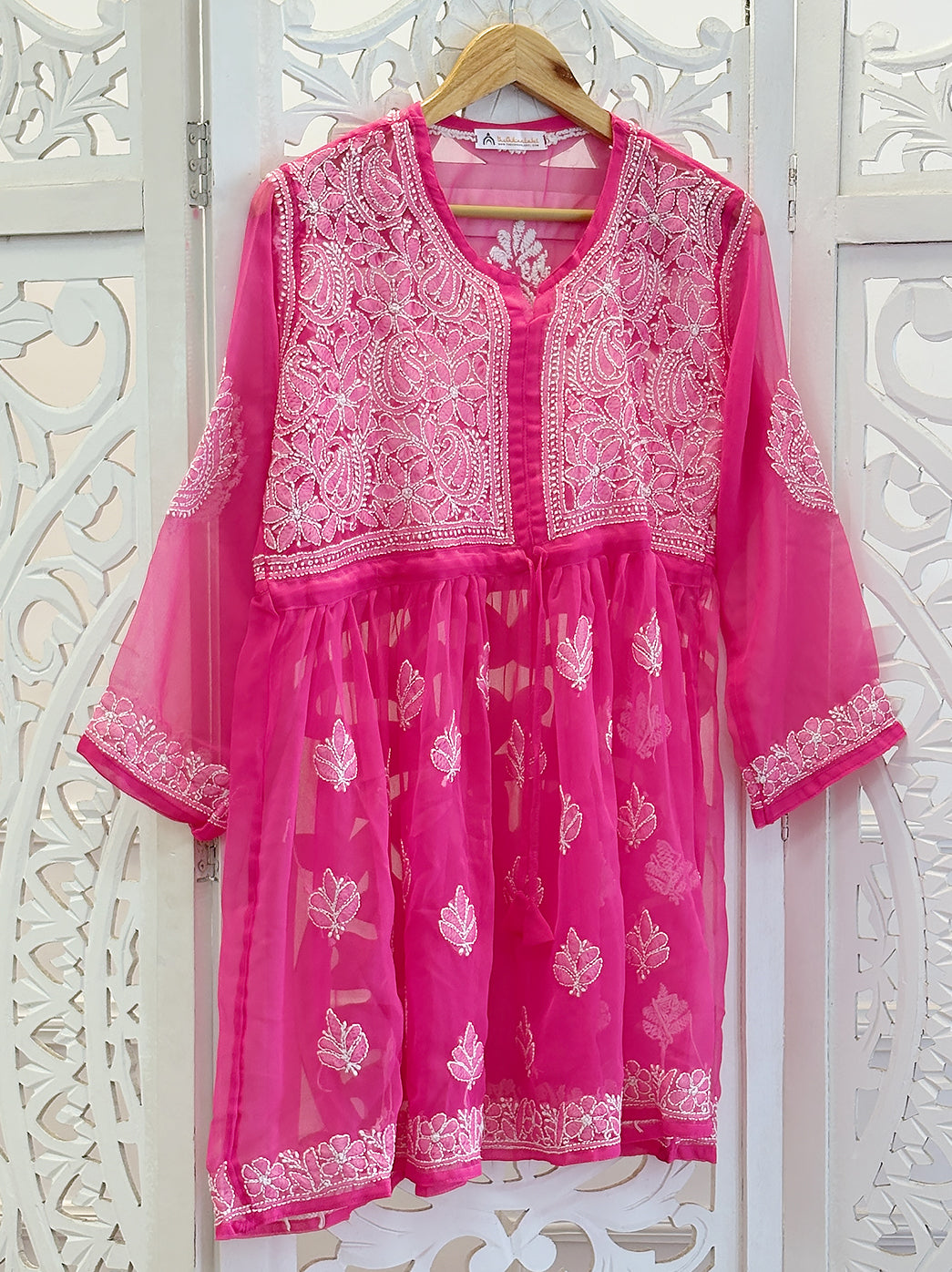 Pink Georgette Chikankari Tunic Top