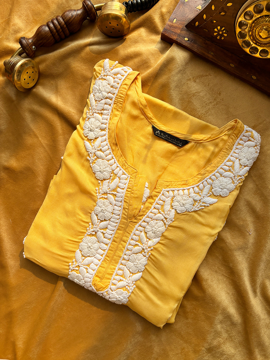 Mustard Yellow Adda Modal Chikankari Straight Kurti