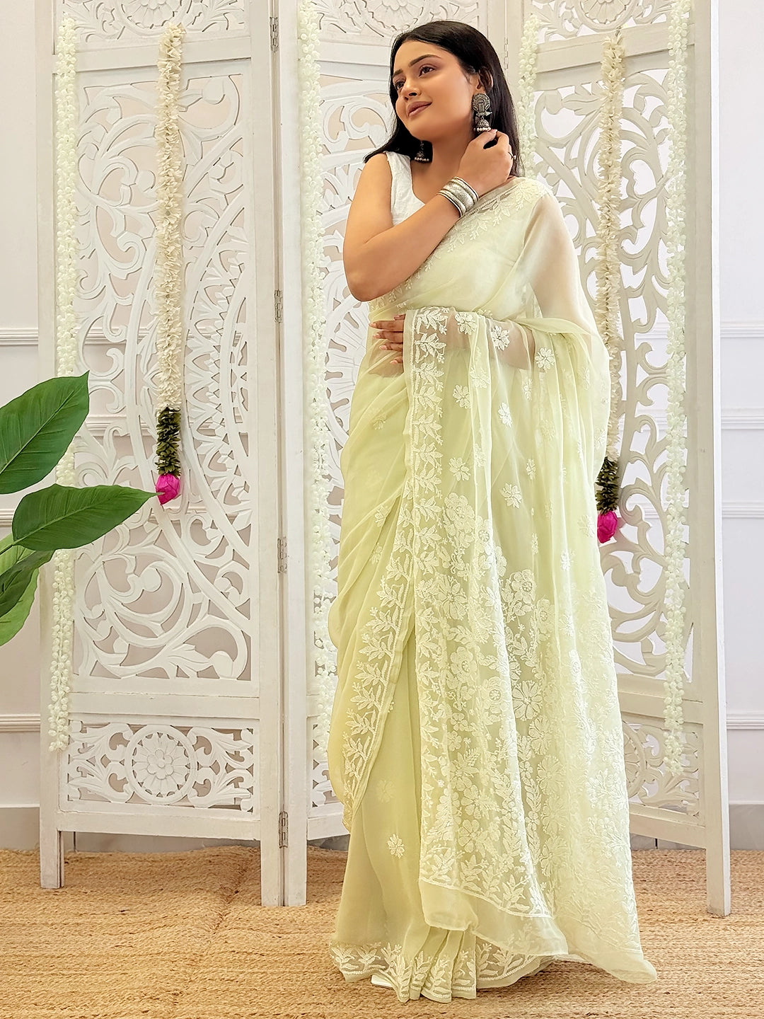 Aneet Georgette Embroidered Chikankari Saree - Green