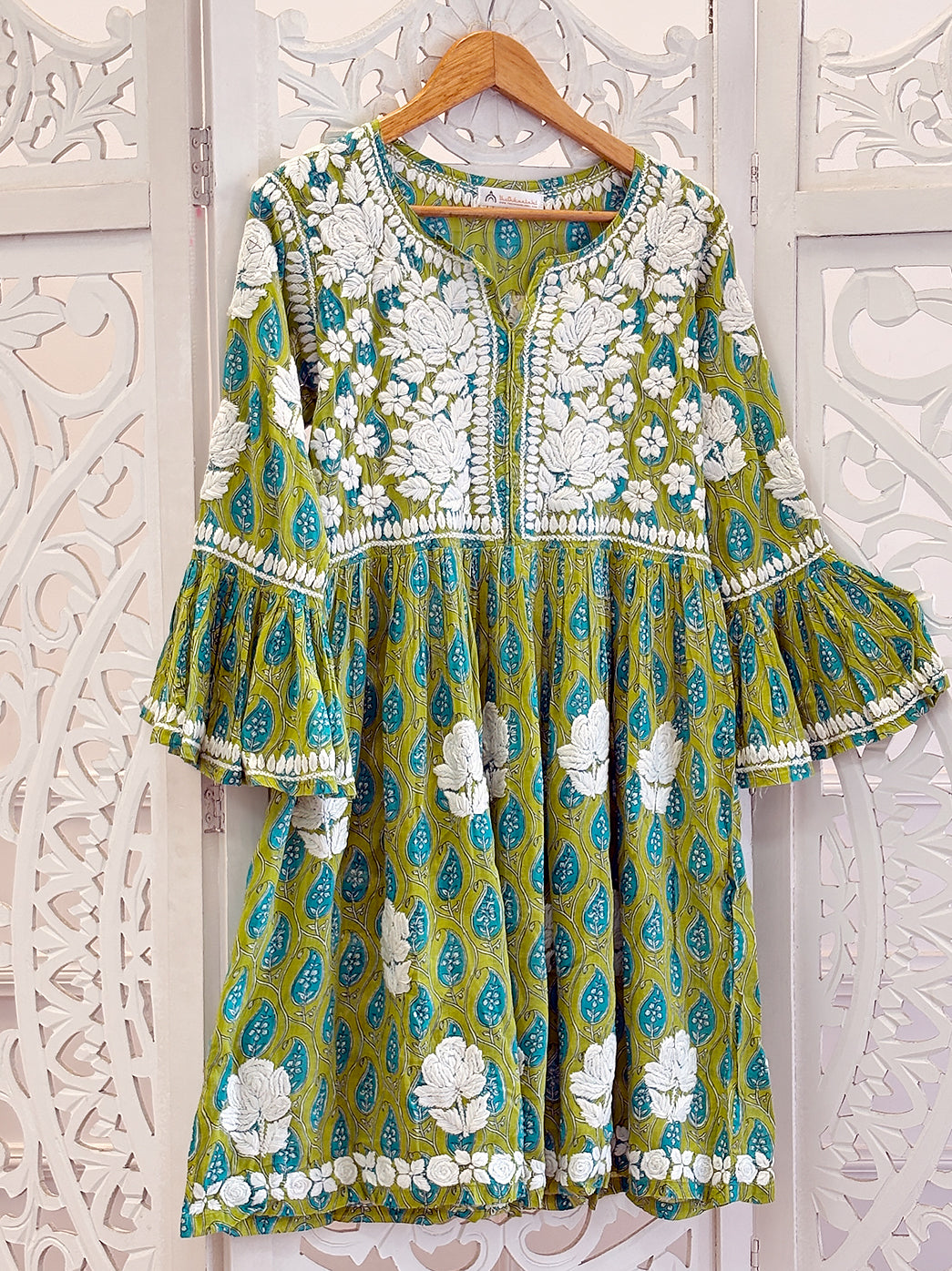 Pista Green Aamira Mulmul Printed Chikankari Peplum Top