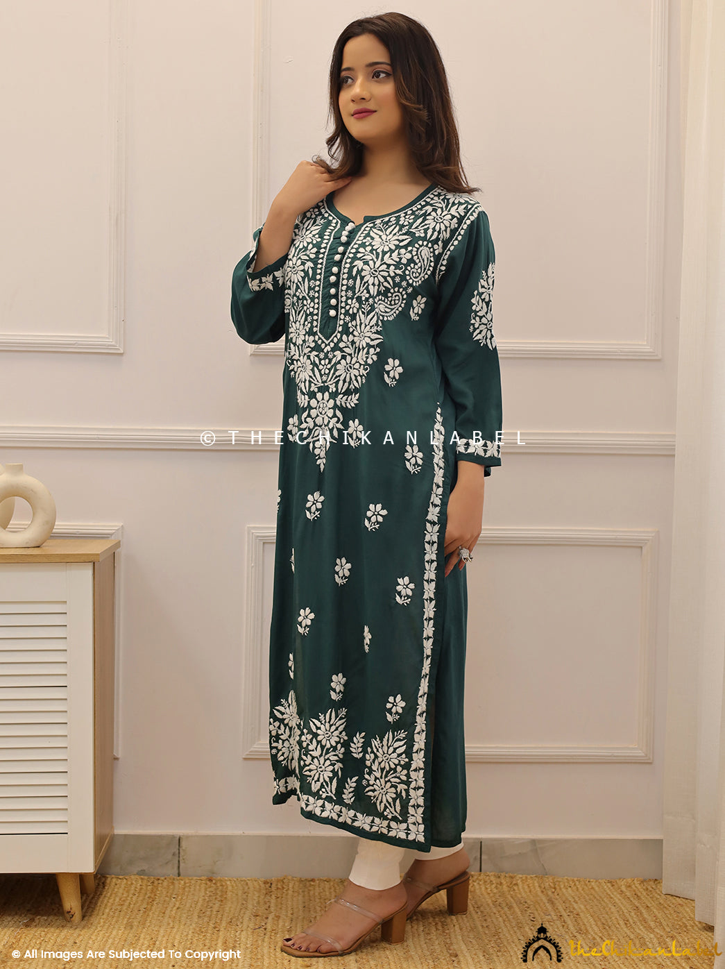 Green Modal Chikankari Straight Kurti