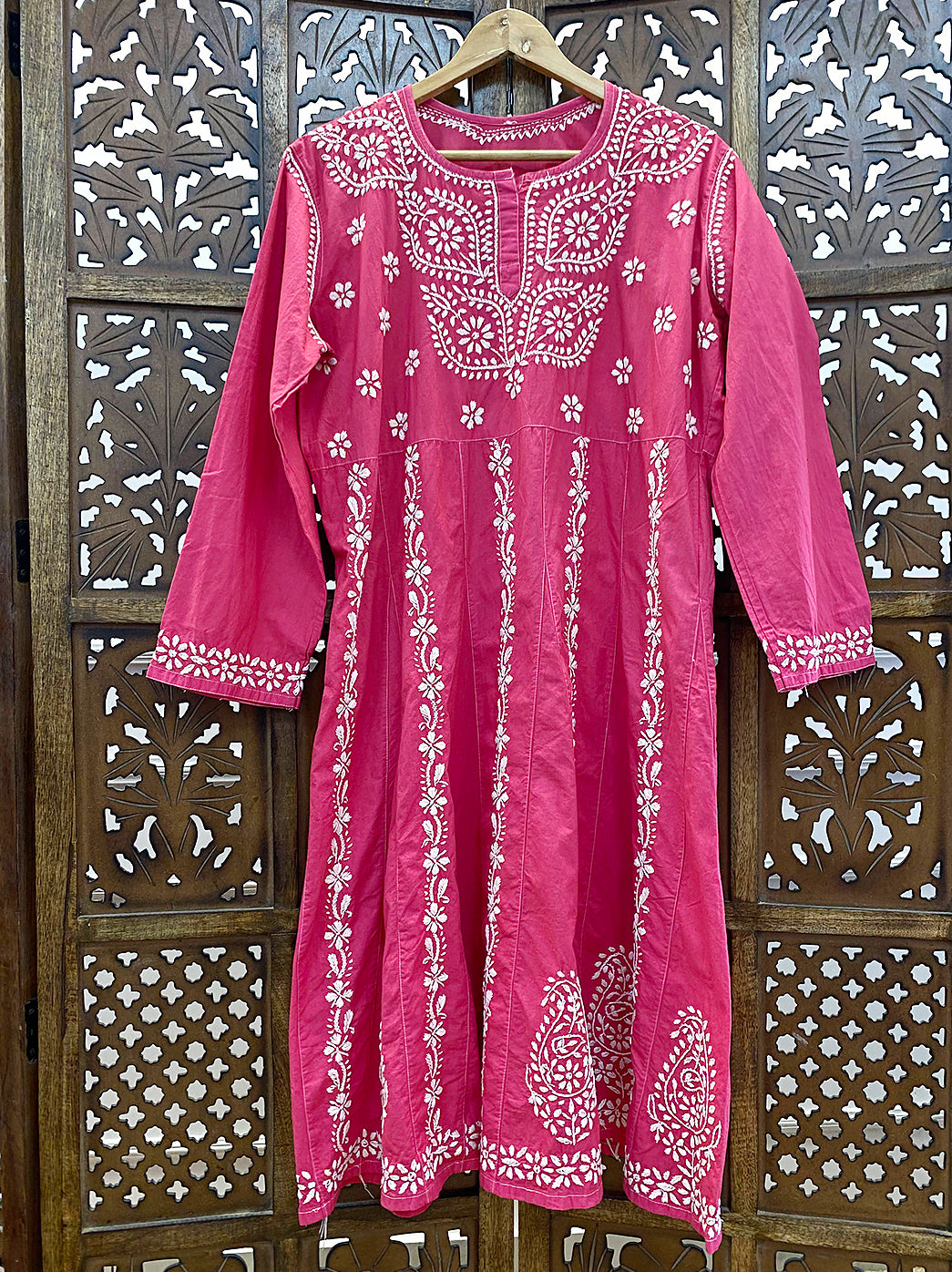 Pink Cotton Chikankari A-Line Kurti