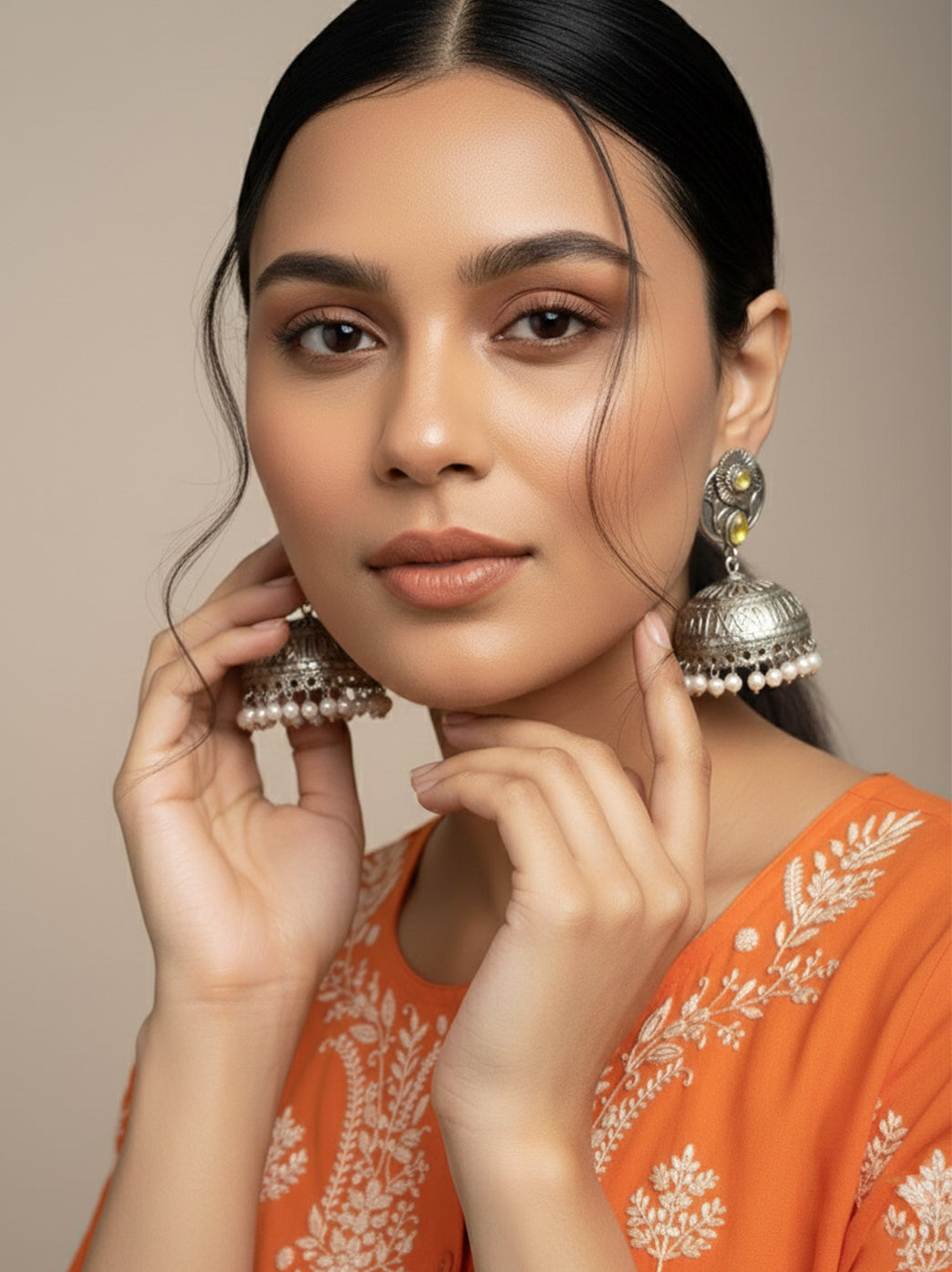 Oxidized Handcrafted Yellow Kundan Jhumka Earring with Pearl