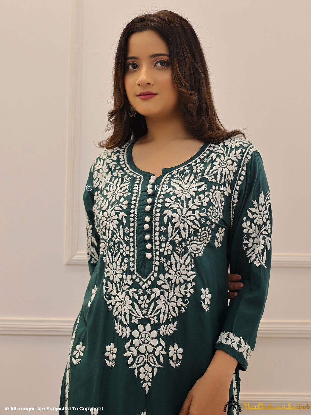 Green Modal Chikankari Straight Kurti