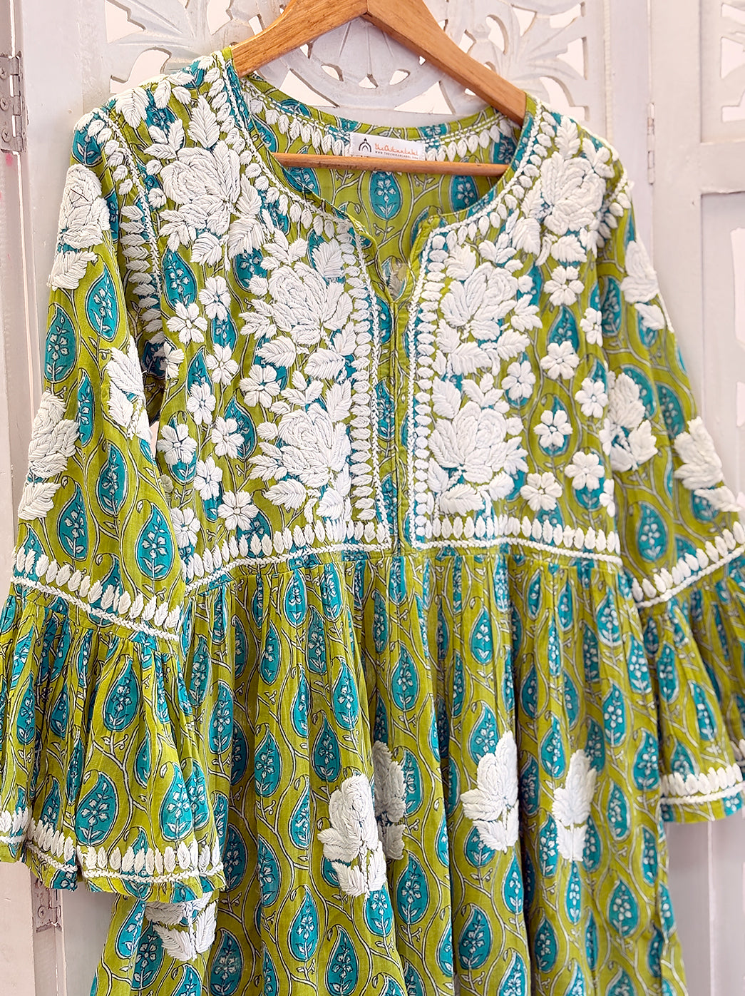 Pista Green Aamira Mulmul Printed Chikankari Peplum Top