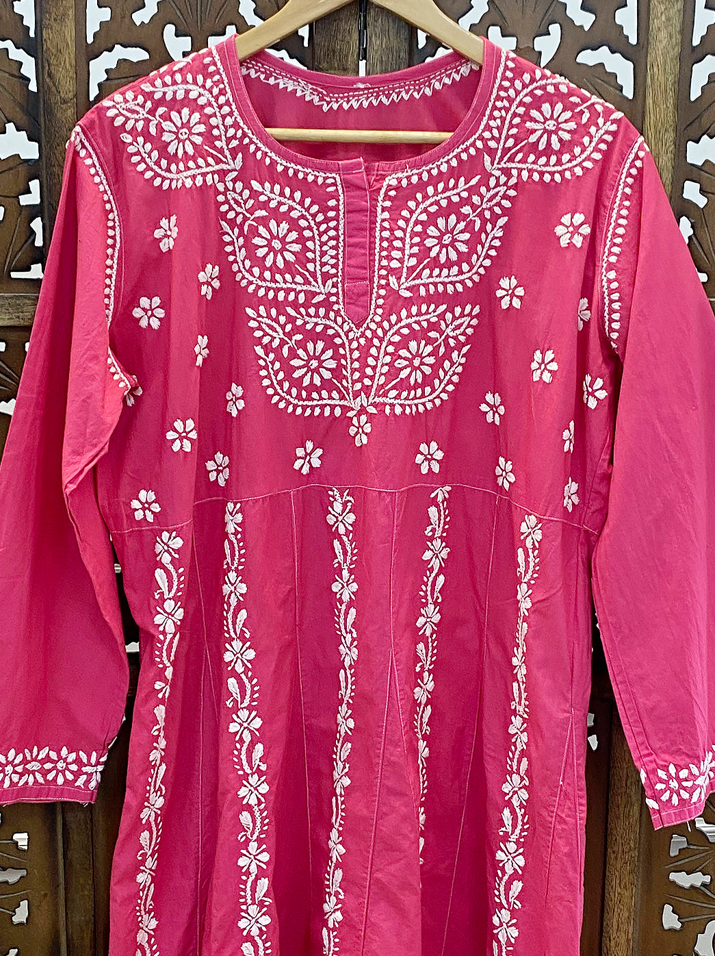 Pink Cotton Chikankari A-Line Kurti