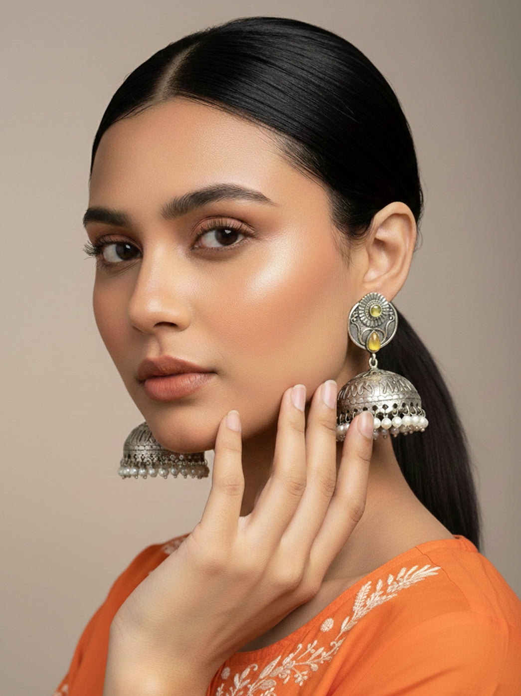 Oxidized Handcrafted Yellow Kundan Jhumka Earring with Pearl