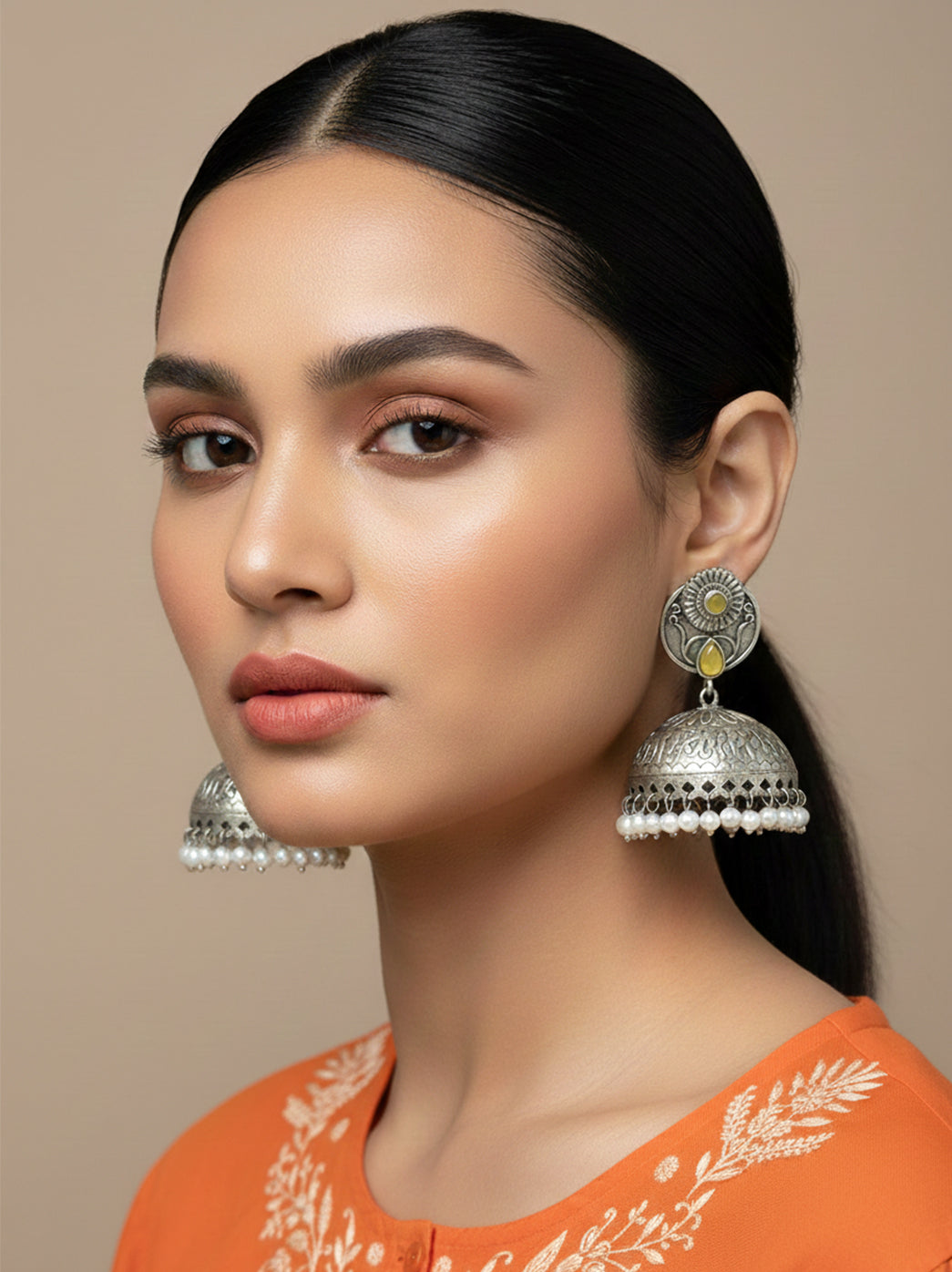 Oxidized Handcrafted Yellow Kundan Jhumka Earring with Pearl