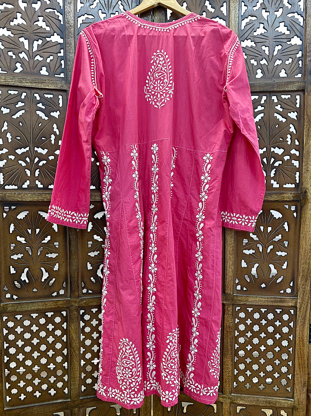 Pink Cotton Chikankari A-Line Kurti