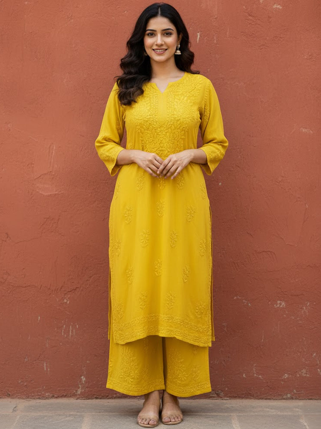 Amaaya Modal Chikankari Kurta Palazzo Set - Yellow
