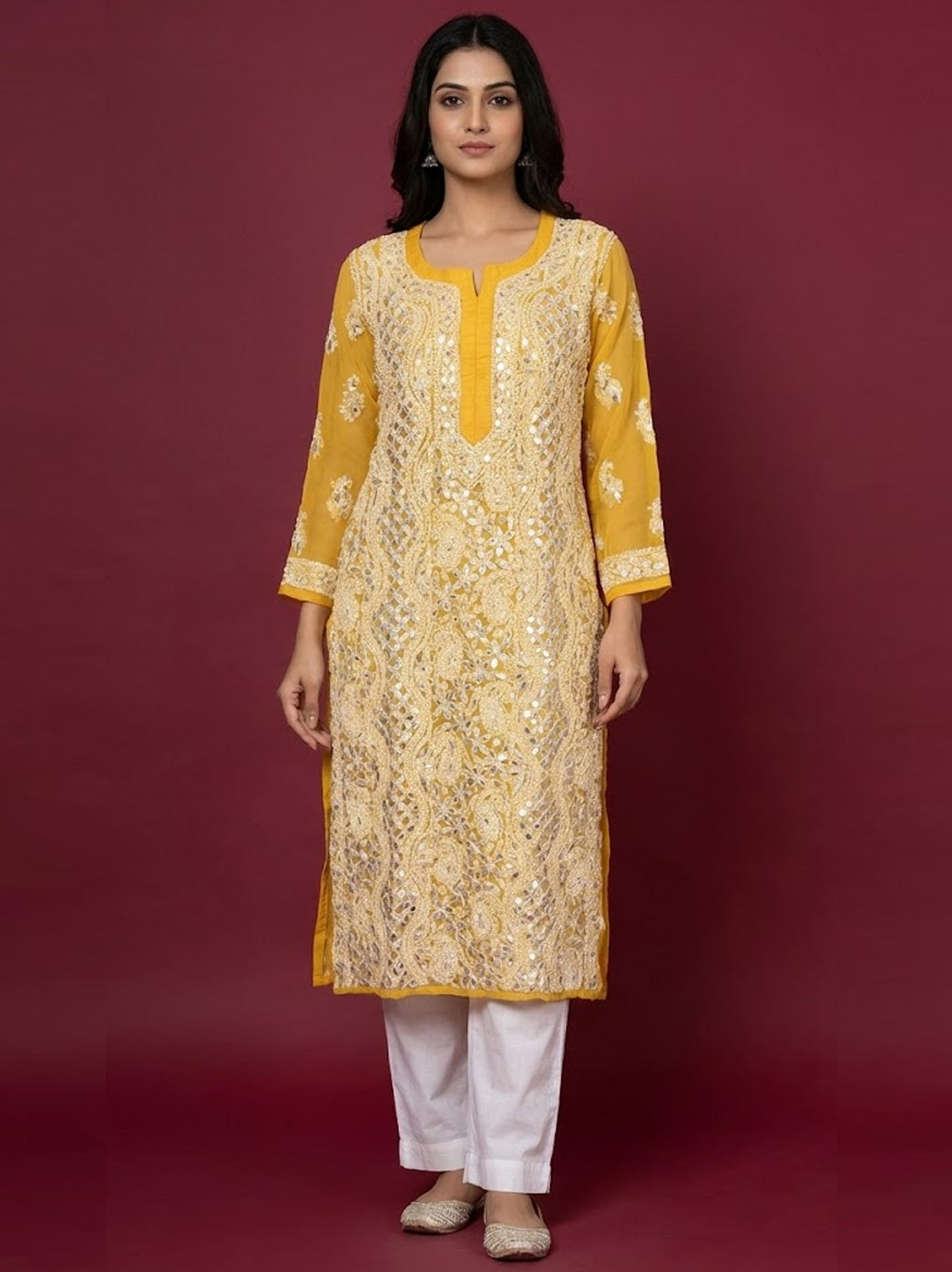 Yellow Georgette Chikankari Straight Kurti