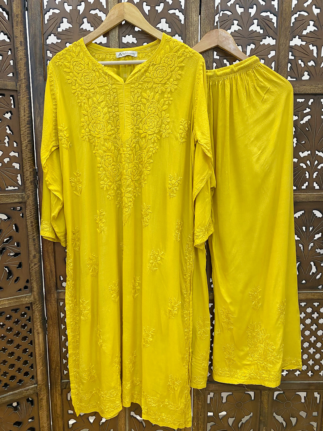 Amaaya Modal Chikankari Kurta Palazzo Set - Yellow